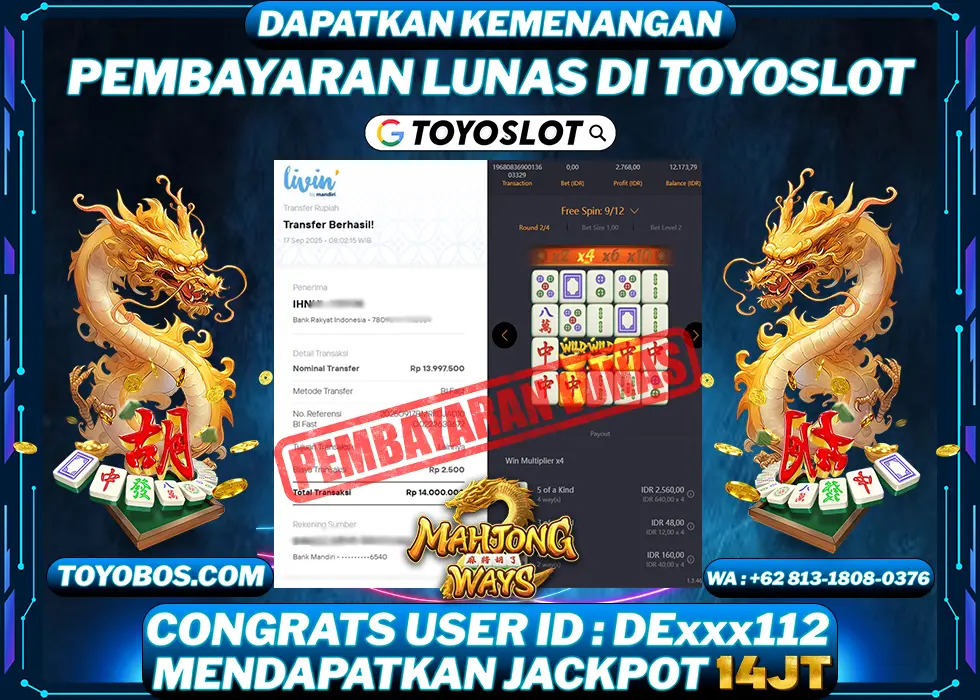 TOYOSLOT - BUKTI KEMENANGAN Mahjong Ways Rp14,000,000,- LUNAS